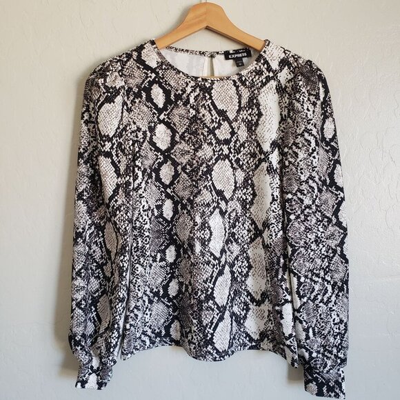 Express Snakeskin Print Puff Sleeve Top Black/White Size Women's XS Keyhole Back - Picture 1 of 10